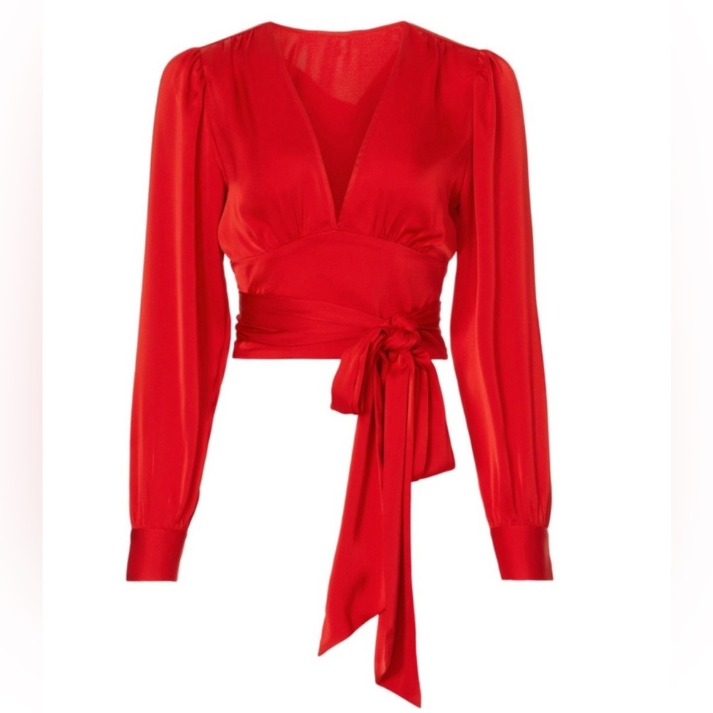 Marissa Webb x RTR Tie Waist Satin Top in Red. Size 2 - Picture 3 of 14
